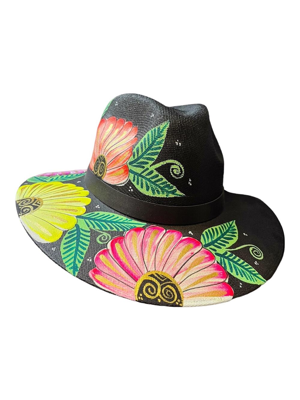 HAT MEXICAN Artisanal Hand Painted Fedora Floral Sombrero Panama Bohemian Black